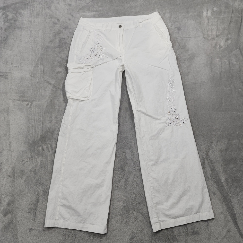 Vintage Newport News Pants Womens 14 White Cargo Twill Embroidered Floral Beaded